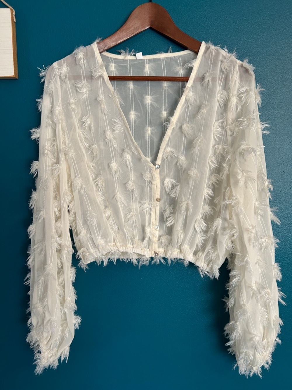 SHEIN Cream Feather-Detail V-Neck Crop Blouse